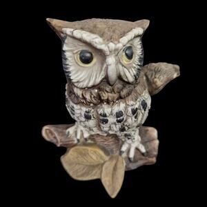 Vintage Ceramic Great Horned Owl Figurine on Branch Woodland Bird Decor